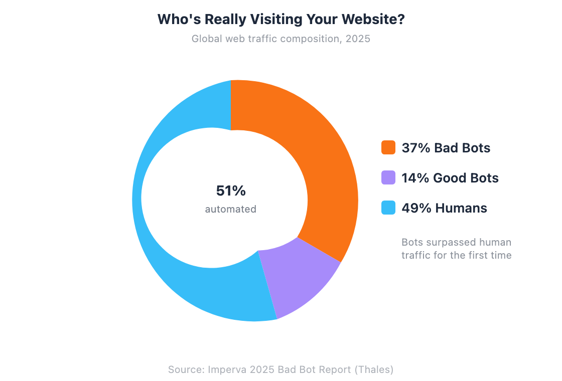 Donut chart showing web traffic composition: 49% human, 37% bad bots, 14% good bots