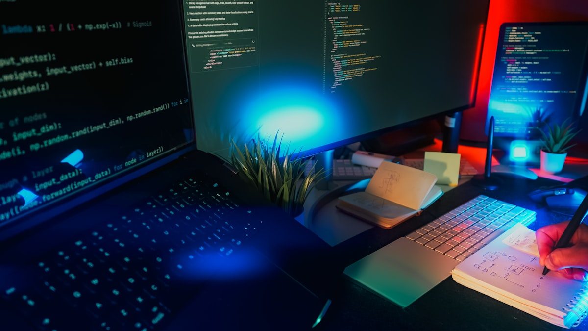 Computer screens displaying code with neon lighting, representing the technical data browsers transmit as user agent strings