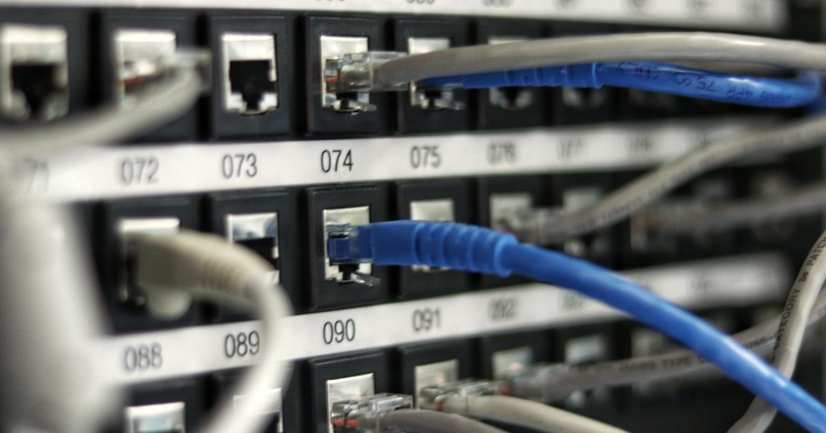Network patch cables connected to a switch in a data center
